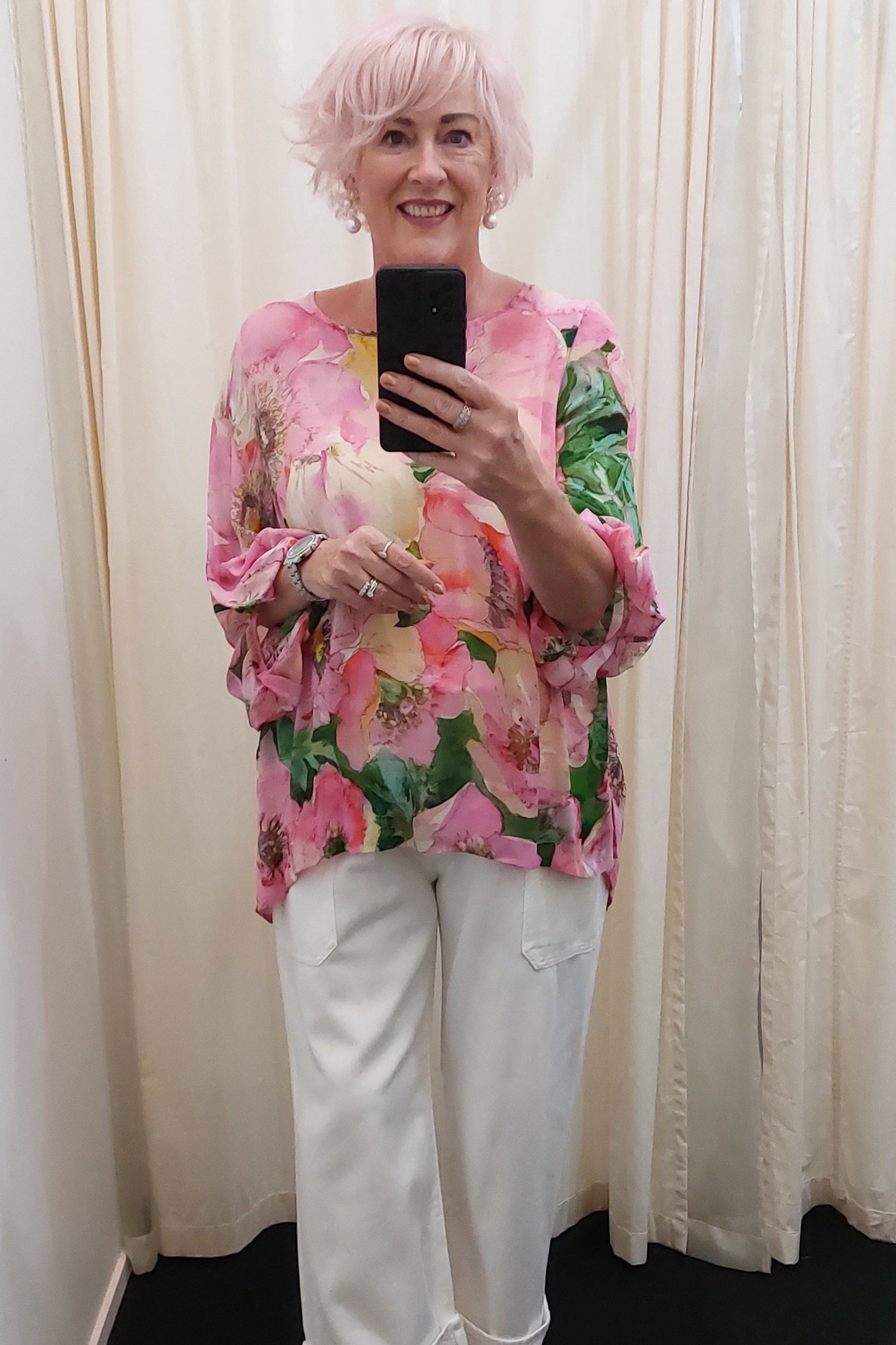 Niovara Garden Party Charm Top pink floral women's plus size top