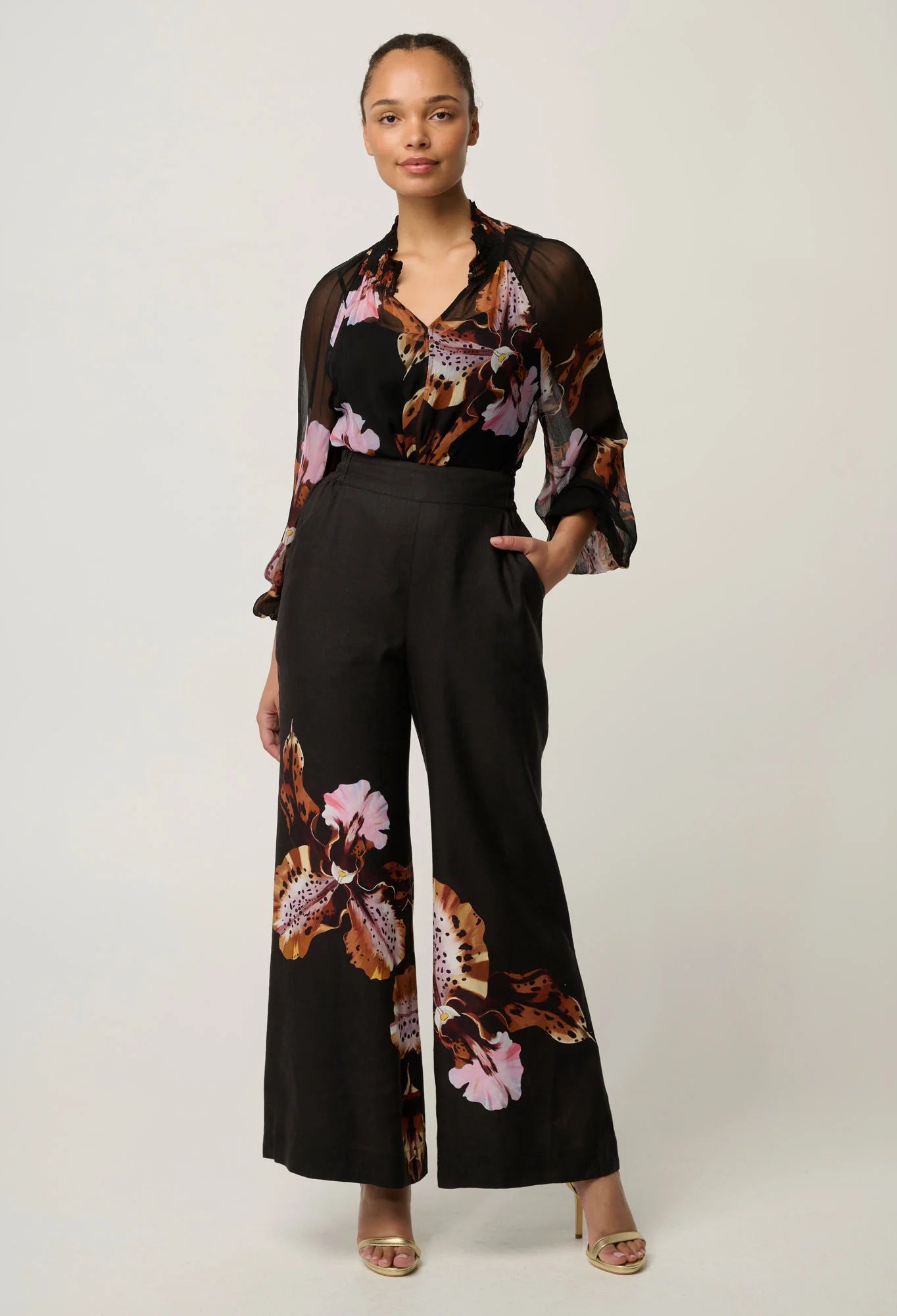 women wearing  a black blouse with floral design on a plain white background