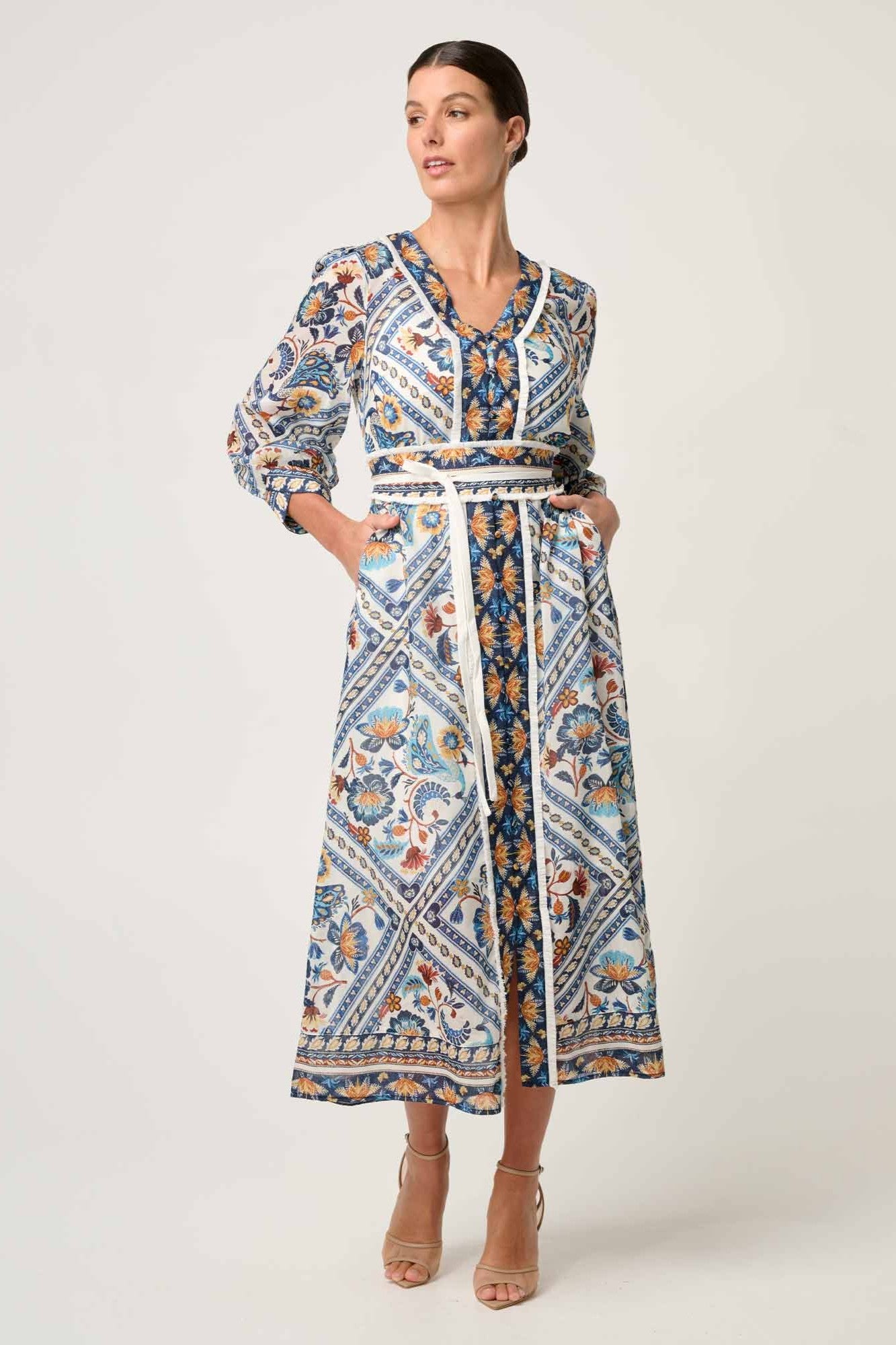 artisinal mutli colour print midi dress worn by model