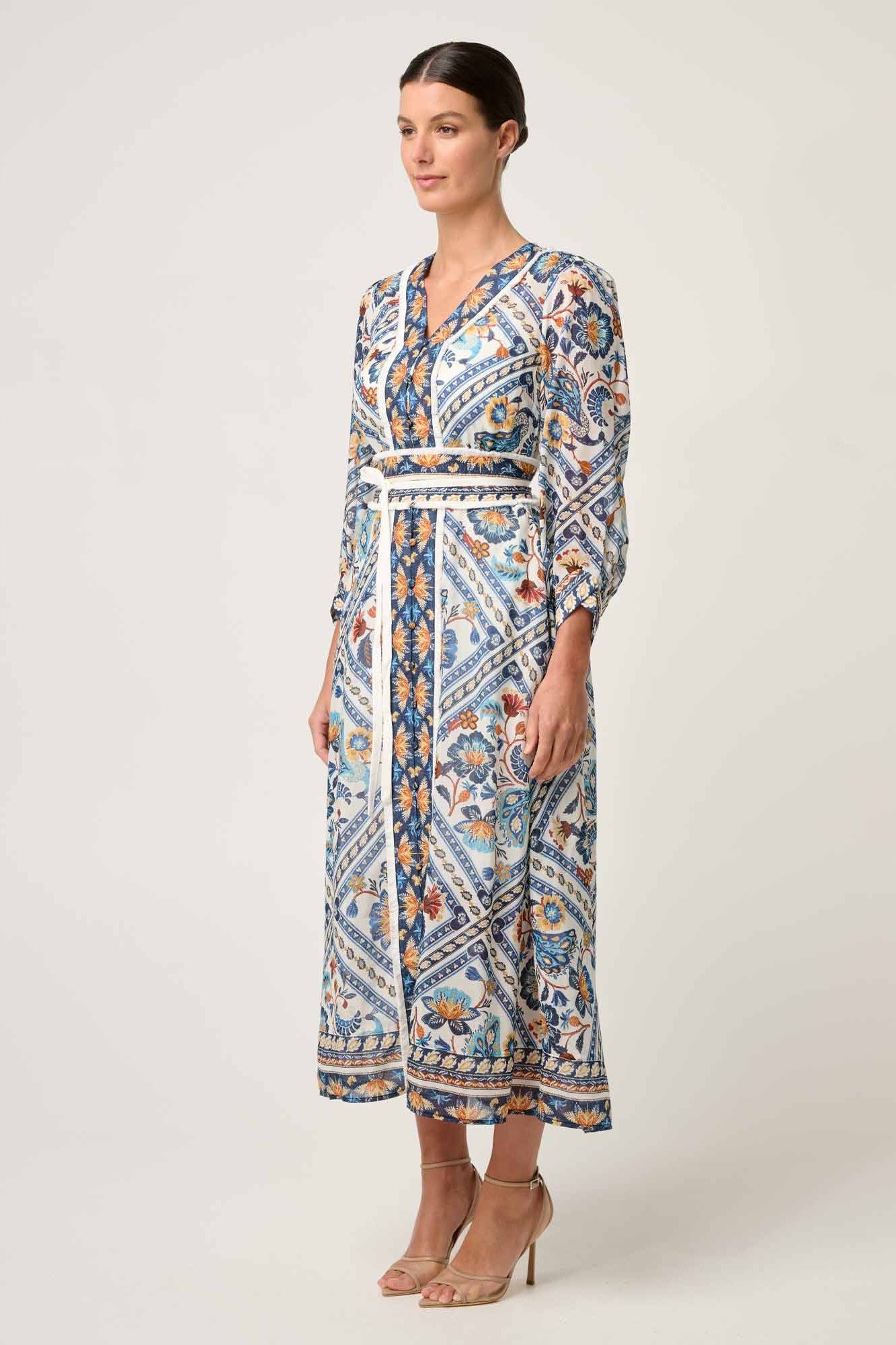 artisinal mutli colour print midi dress worn by model