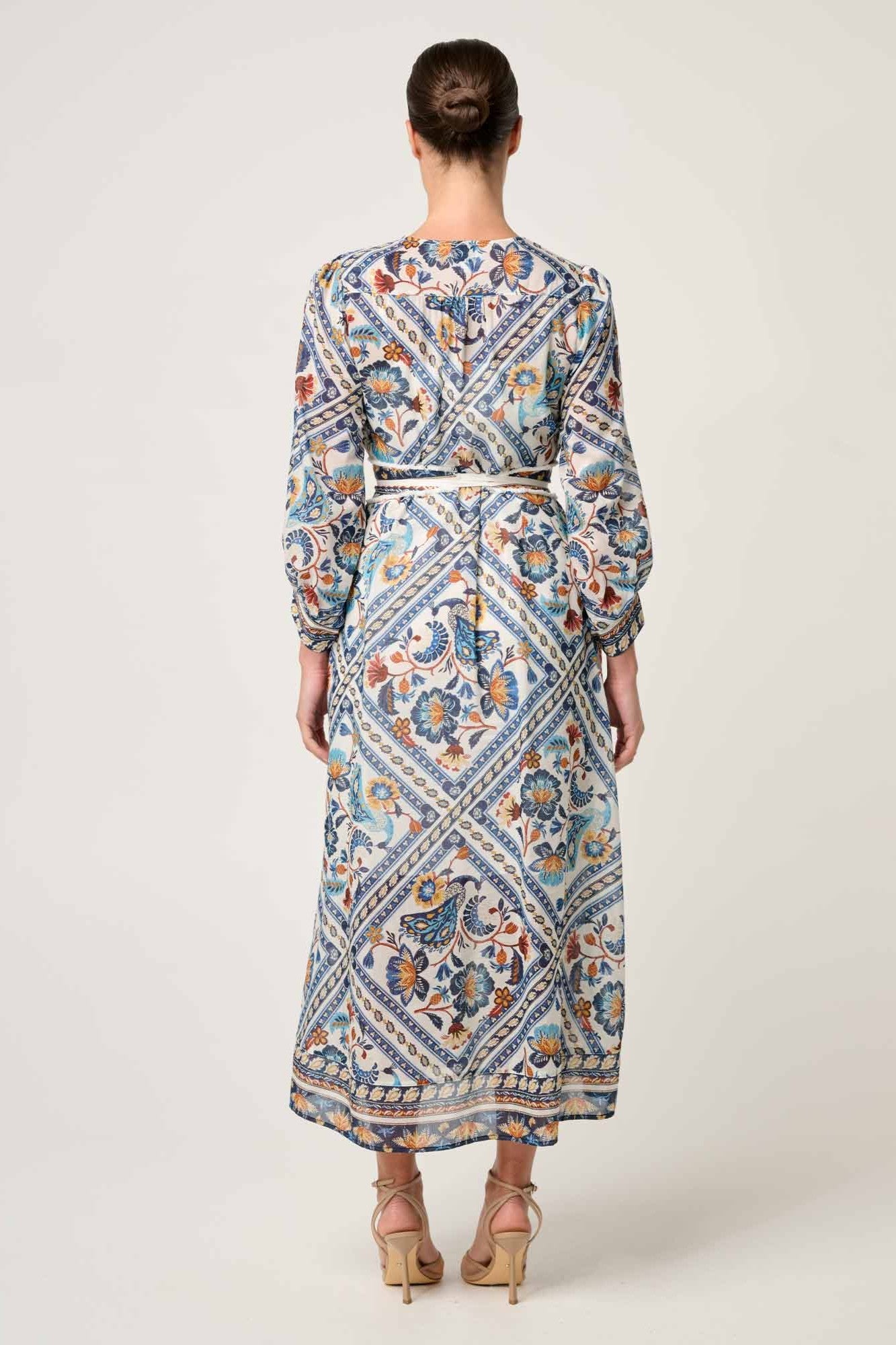 artisinal mutli colour print midi dress worn by model back view