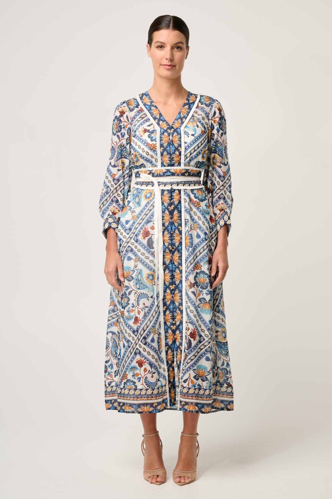 artisinal mutli colour print midi dress worn by model