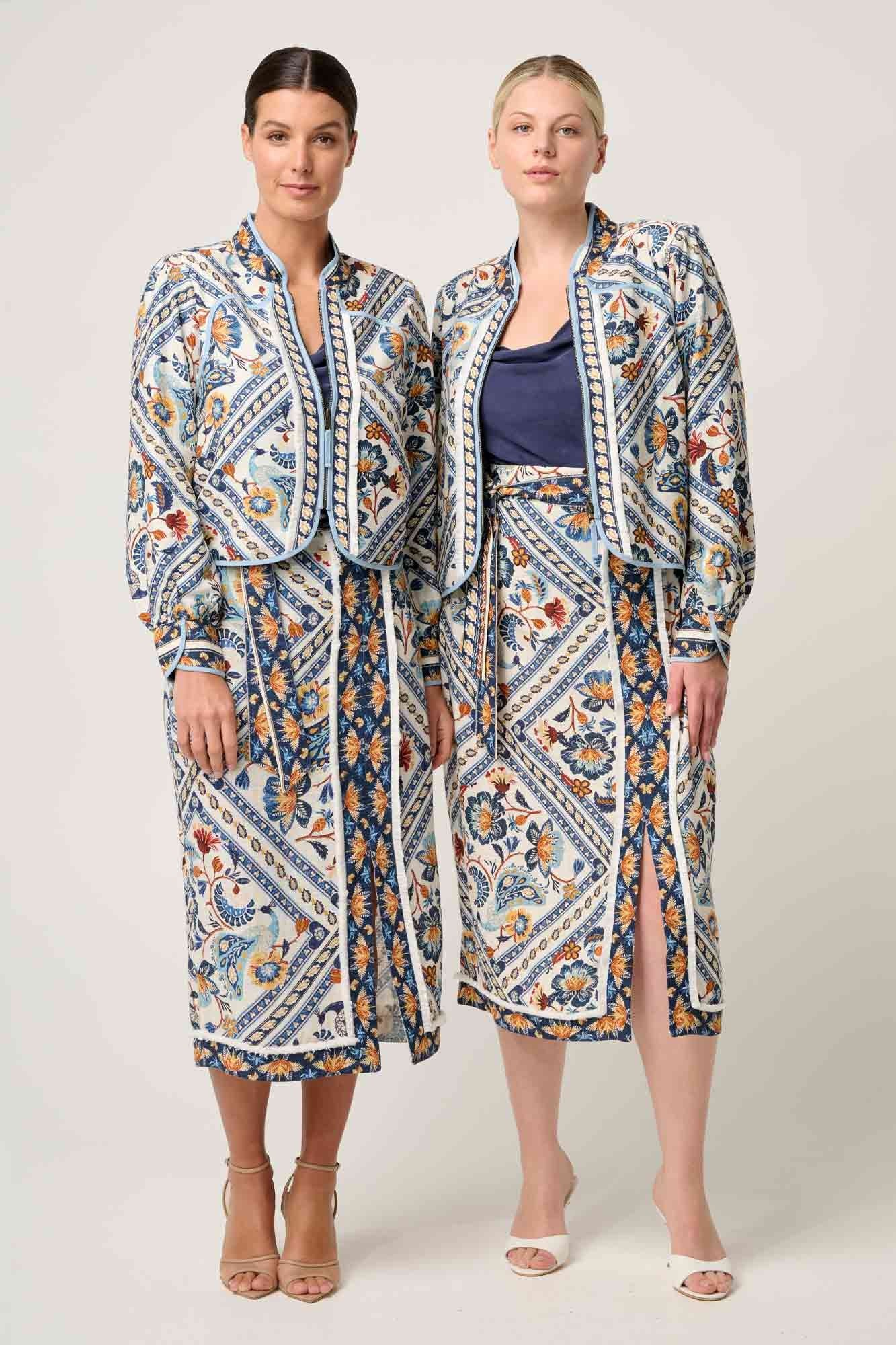 womens artisinal print jacket and skirt worn by two model model 