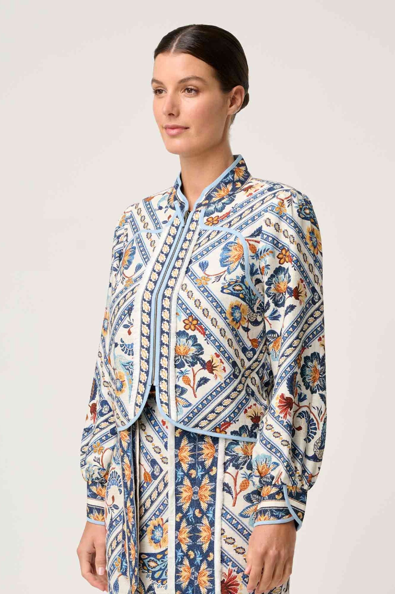 womens artisinal print jacket worn by model 