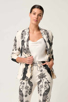womens cream with black linework print blazer worn by model 