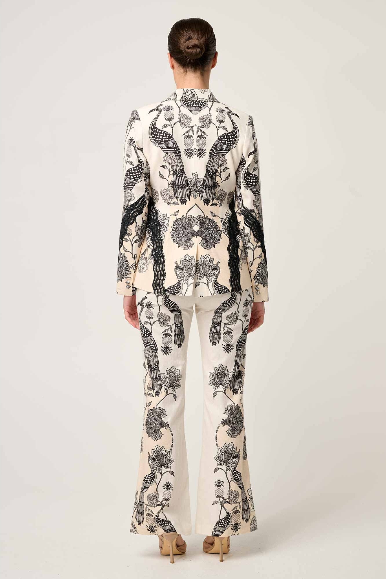 womens cream with black linework print blazer and pant worn by model back view