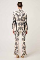 womens cream with black linework print blazer and pant worn by model back view