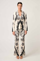womens cream with black linework print blazer and pant worn by model 