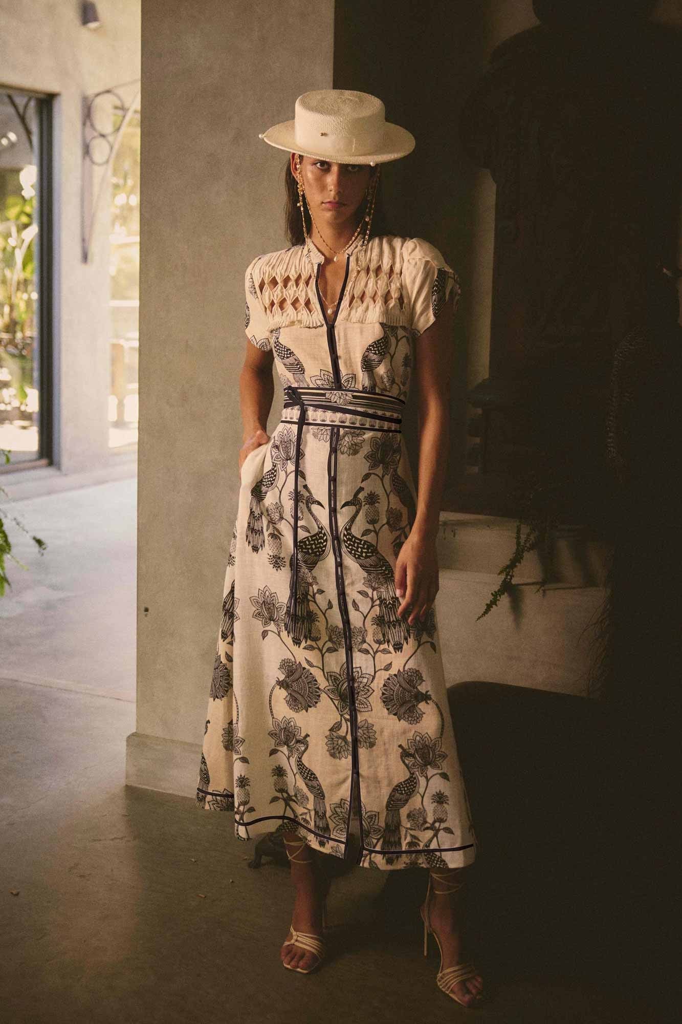 maxi dress cream with black linework worn by model campaign 