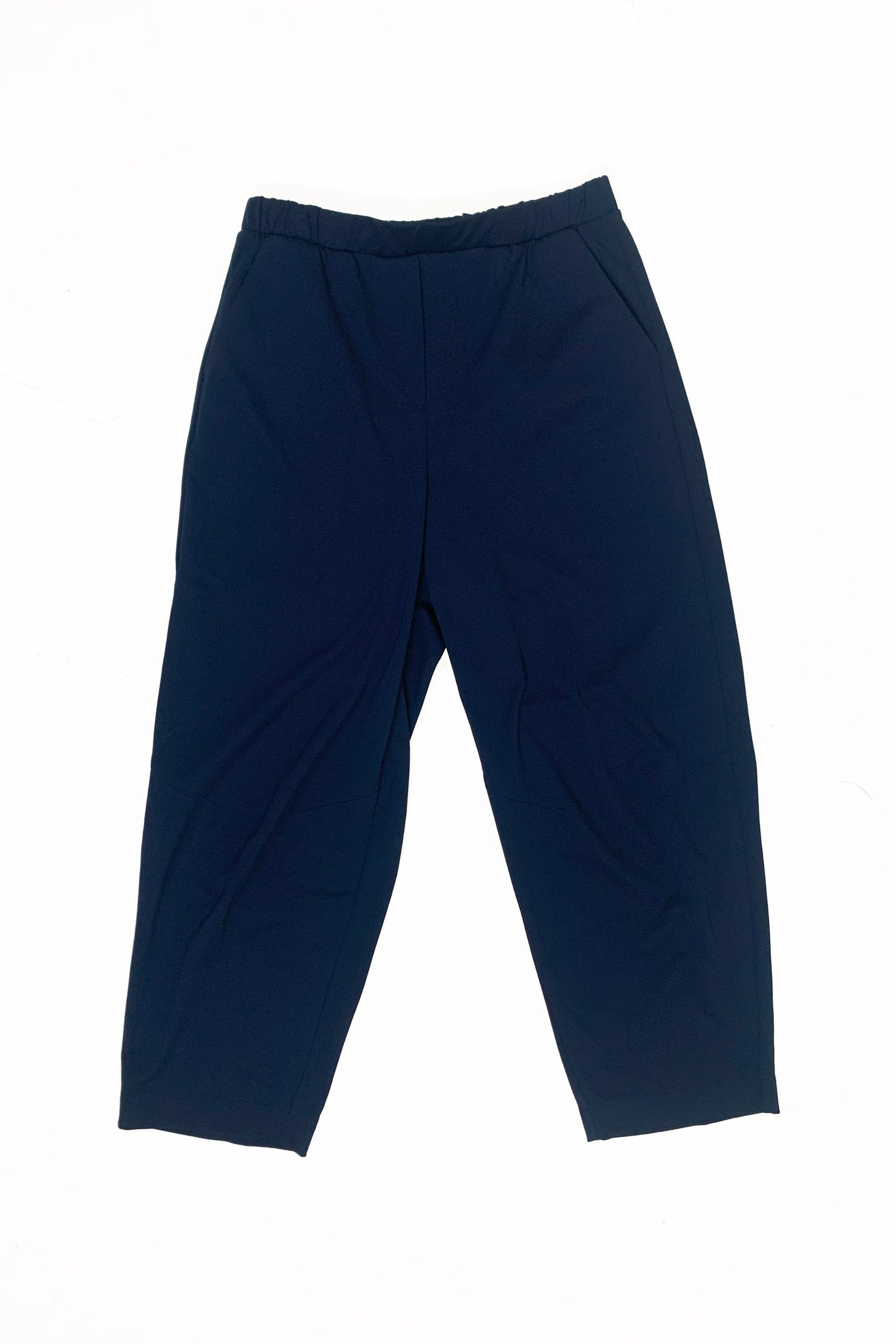 womens barrel shape trouser navy clear cut white background 