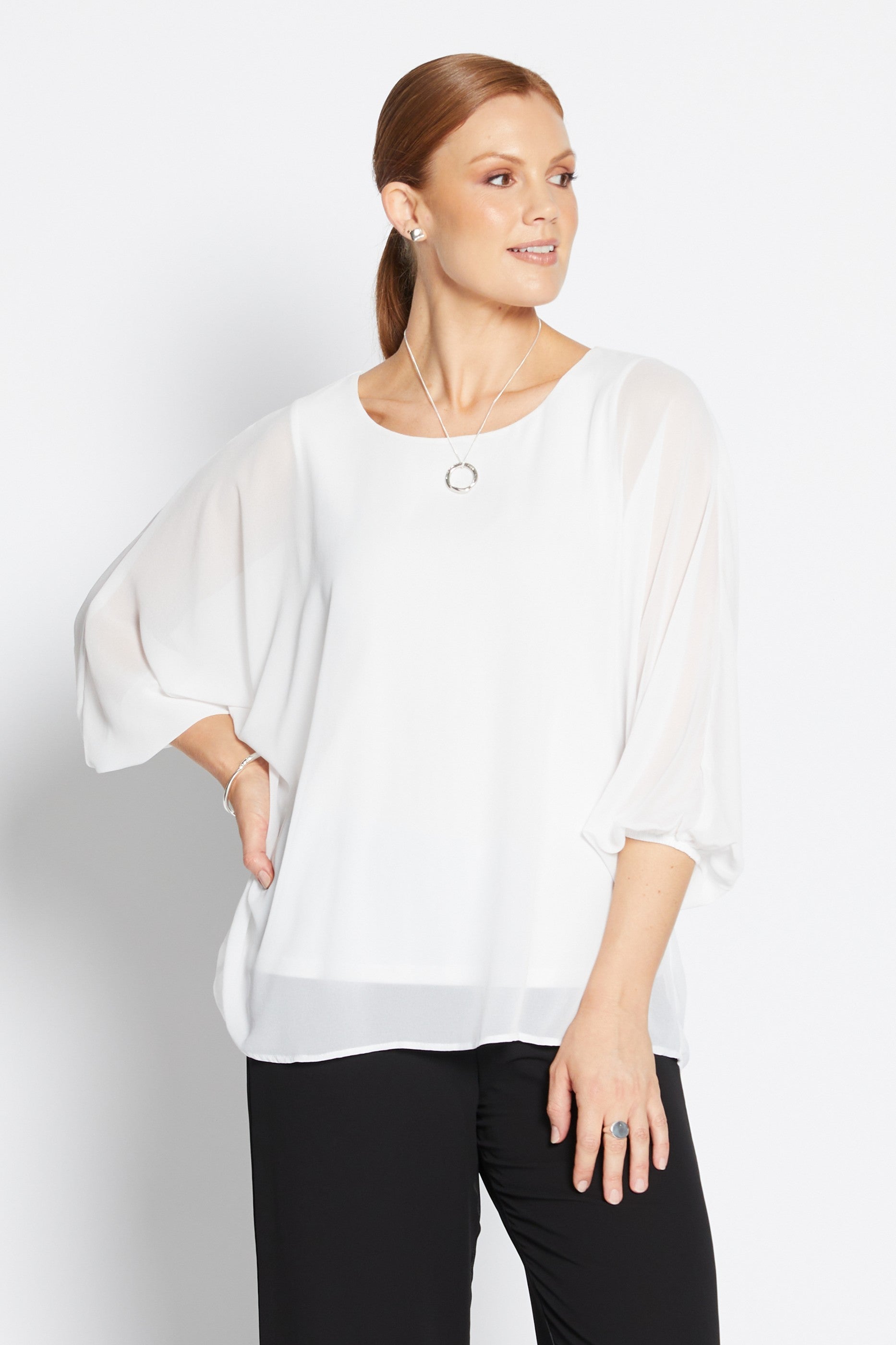 womens billow sleeve blouse chiffon white worn by model