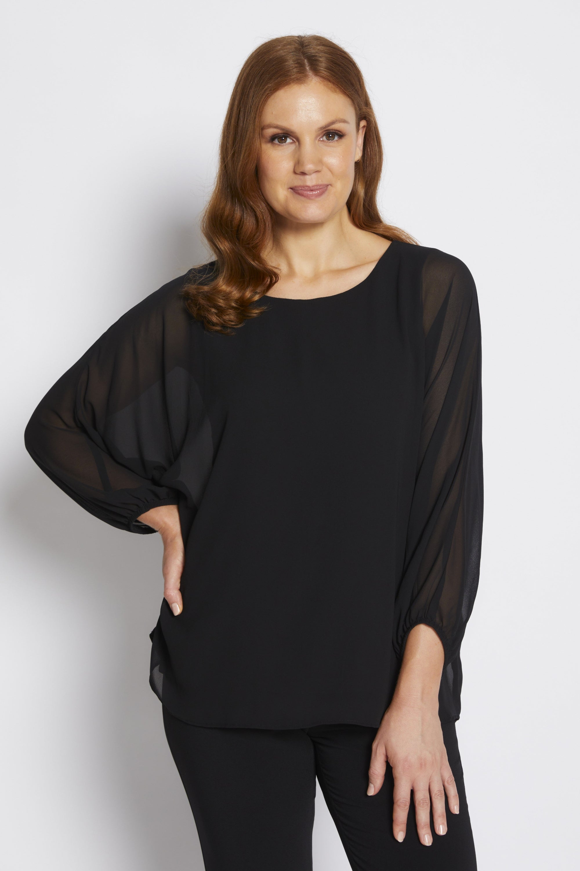 womens billow sleeve blouse chiffon black worn by model