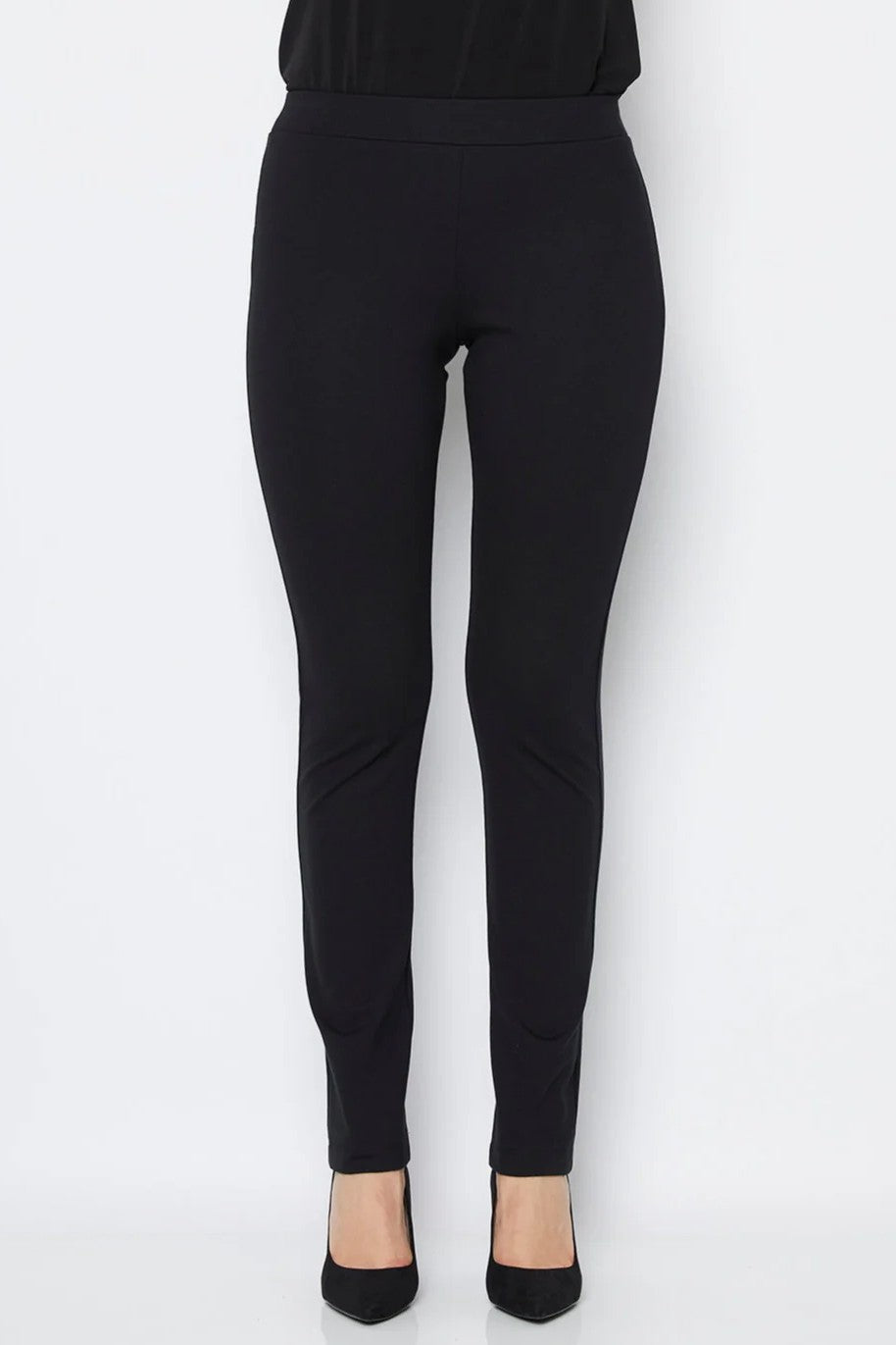 womens slim stretch pant black worn by model