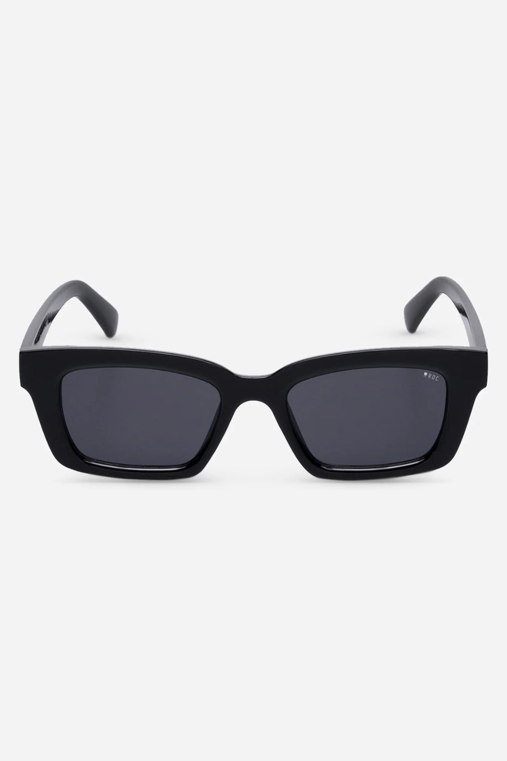 Black sunglasses with dark lenses on a white background
