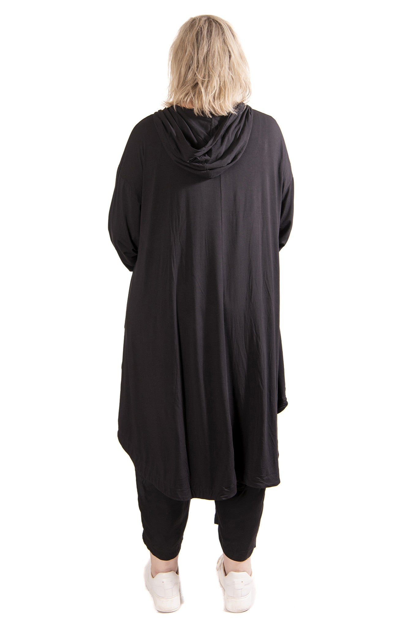 womens knit zip through hooded jacket with dramatic high low hem in black back view