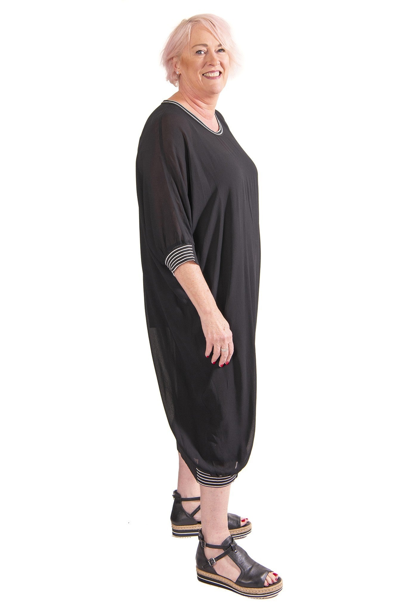 black semi sheer midi dress with stripe trims