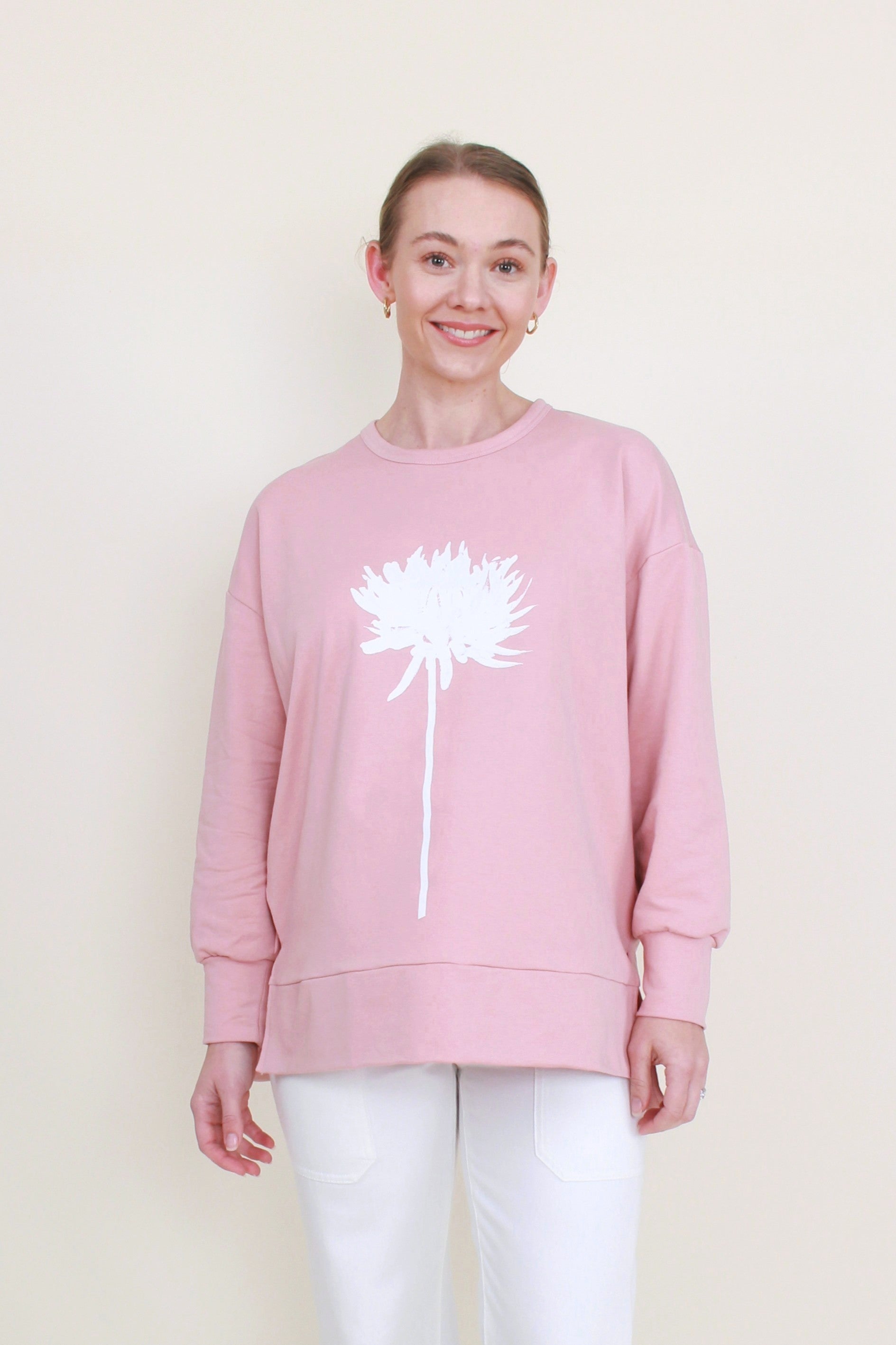 womens pull-over casual sweat with dahlia print in pink 
