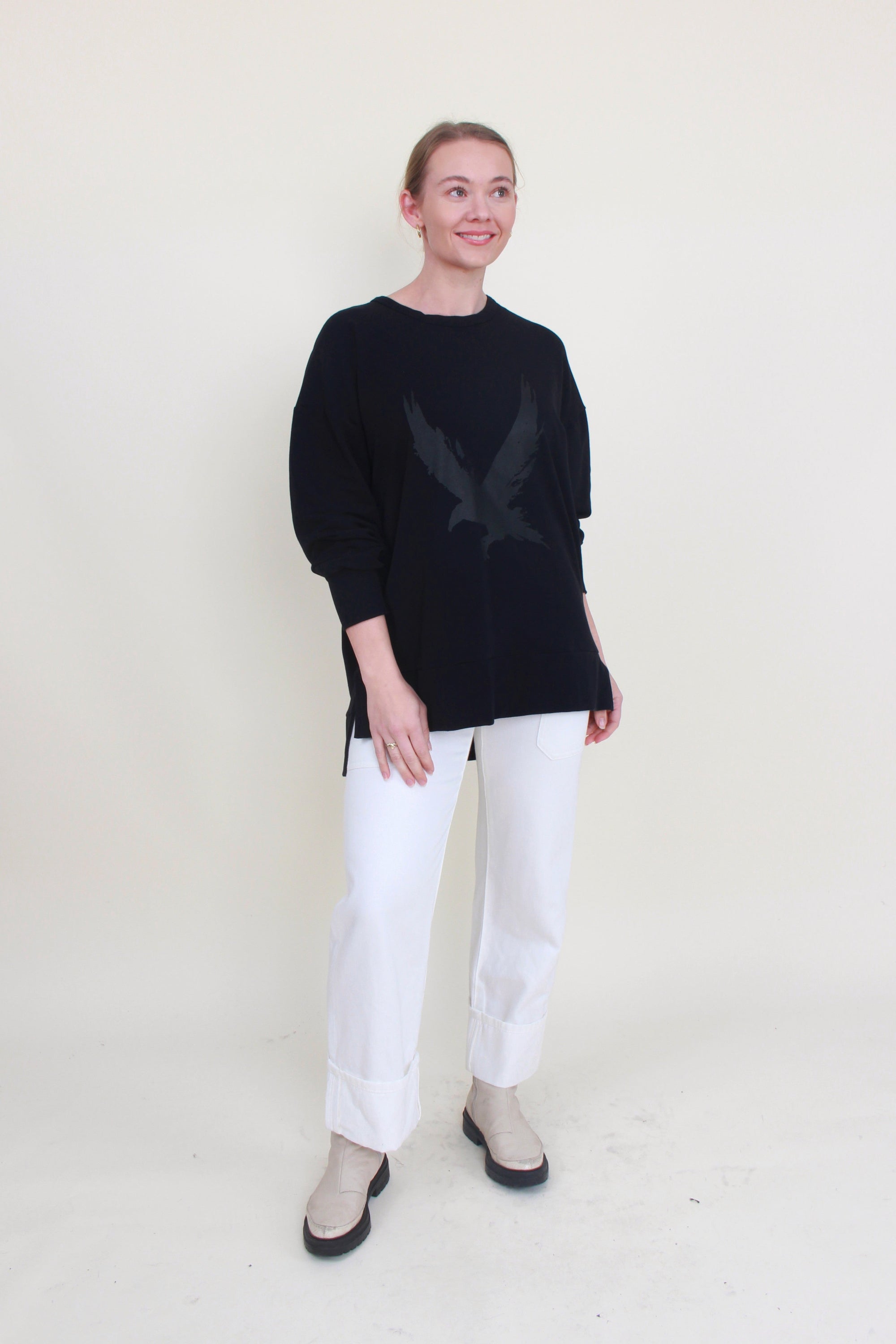 womens casual sweater with raven print black 