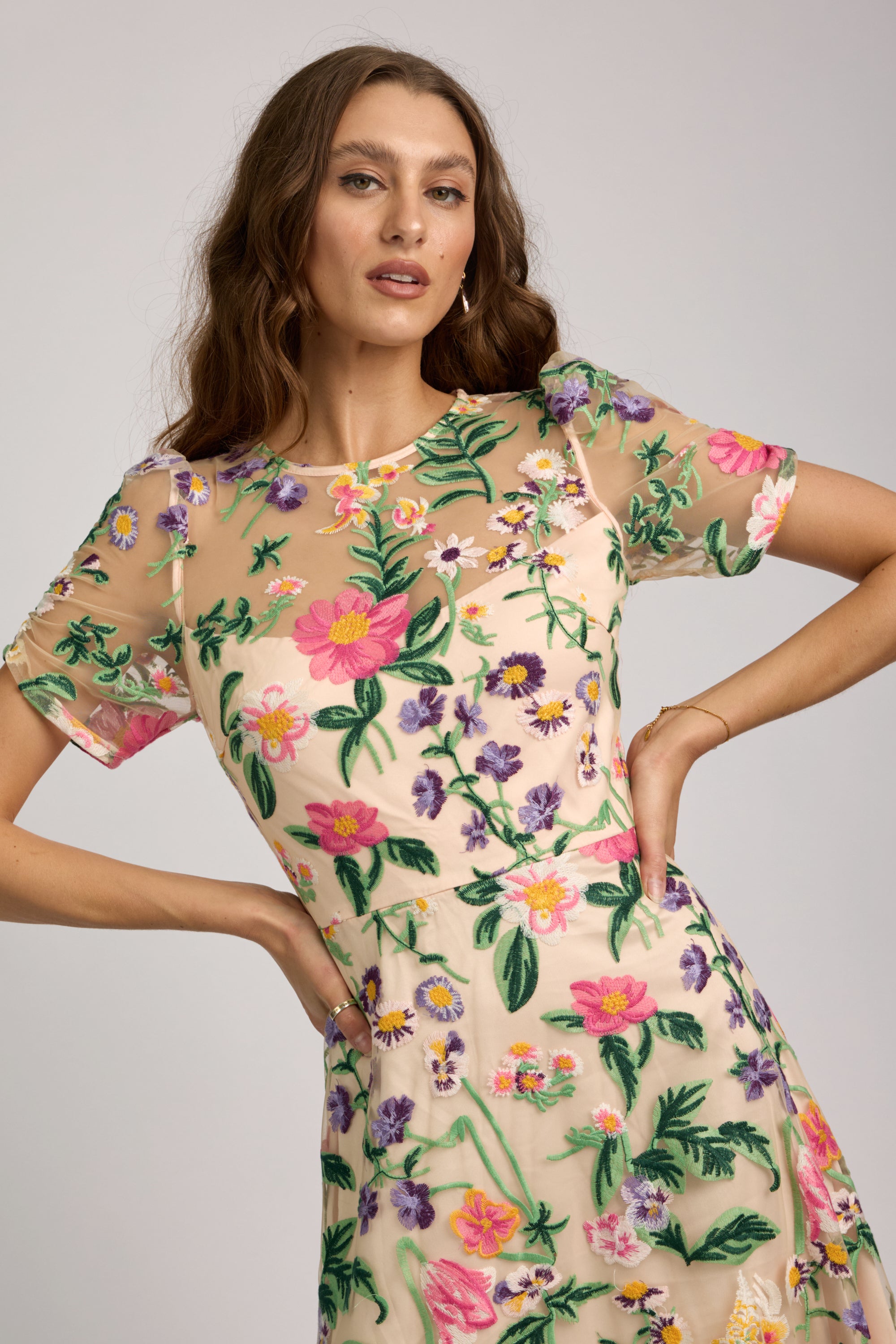 Woman wearing a floral dress with a plain background
