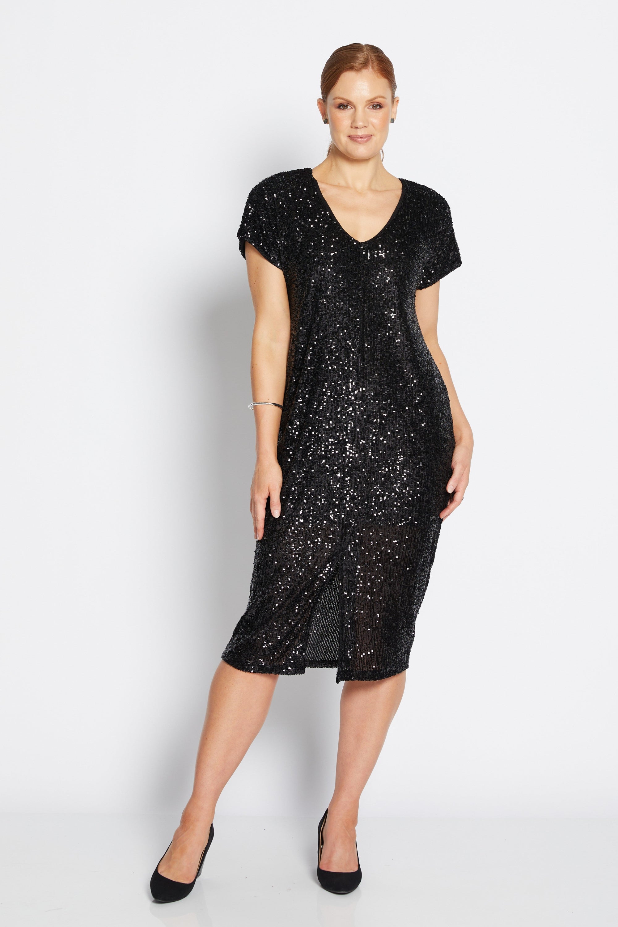 midi dress black sparkle worn by model 