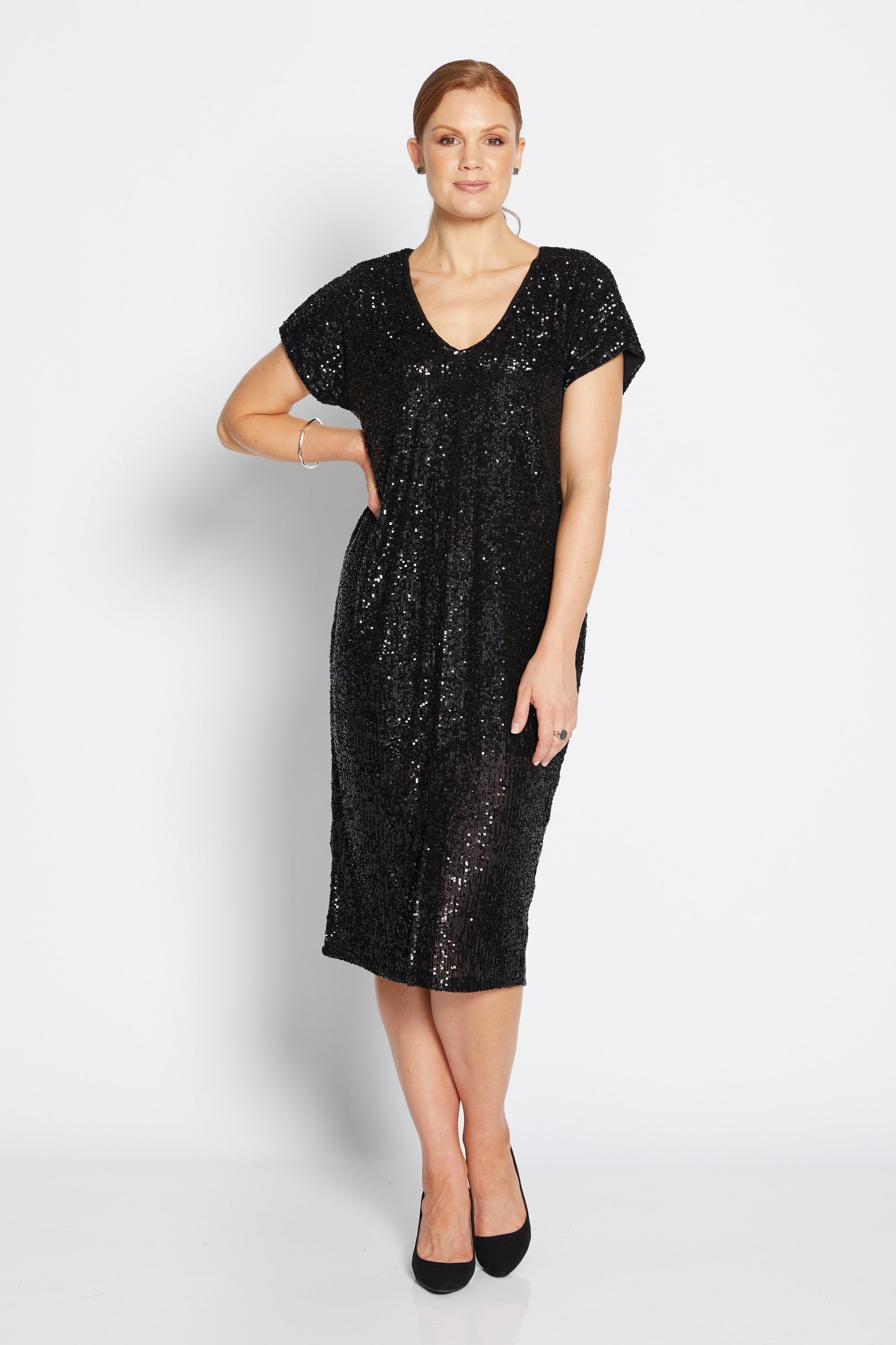 midi dress black sparkle worn by model 