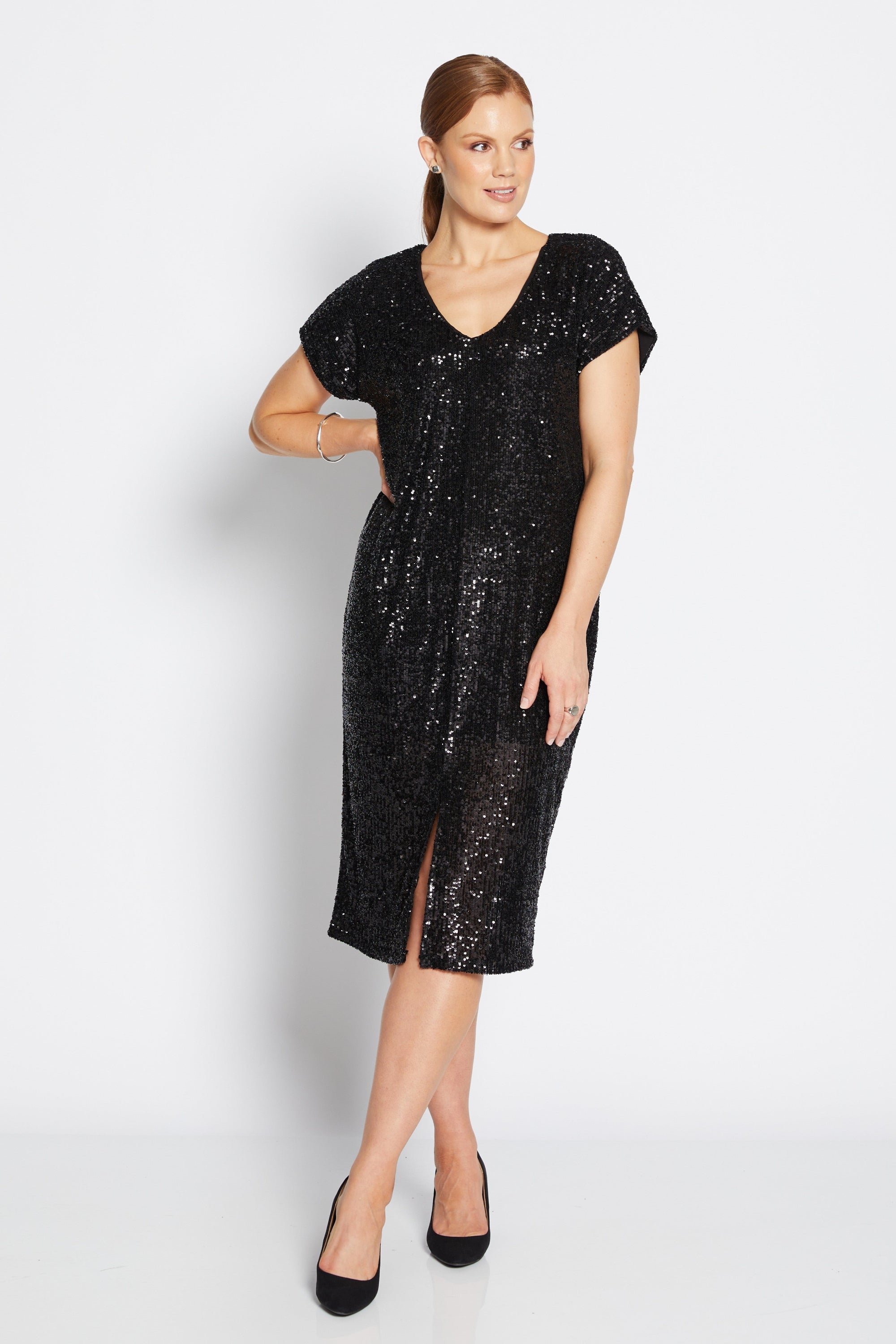 midi dress black sparkle worn by model 