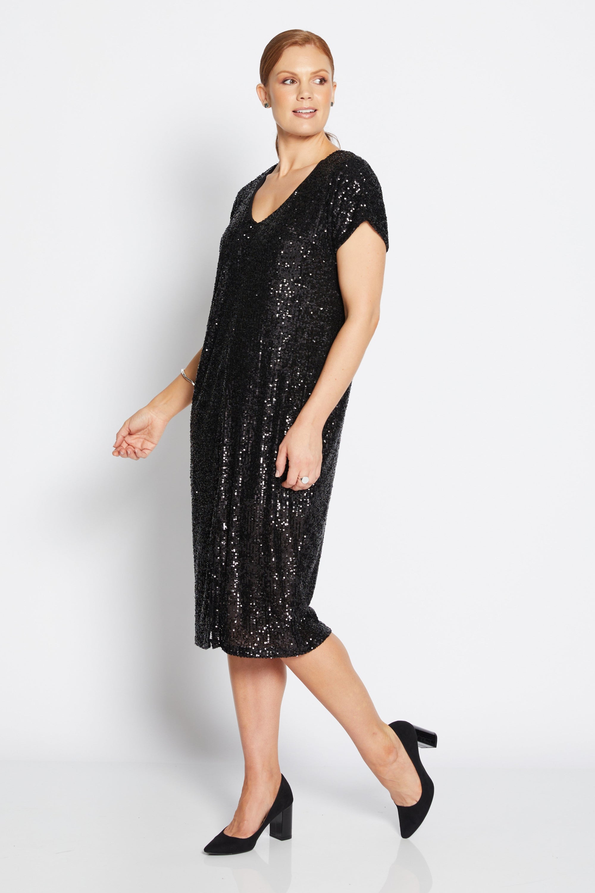 midi dress black sparkle worn by model side view