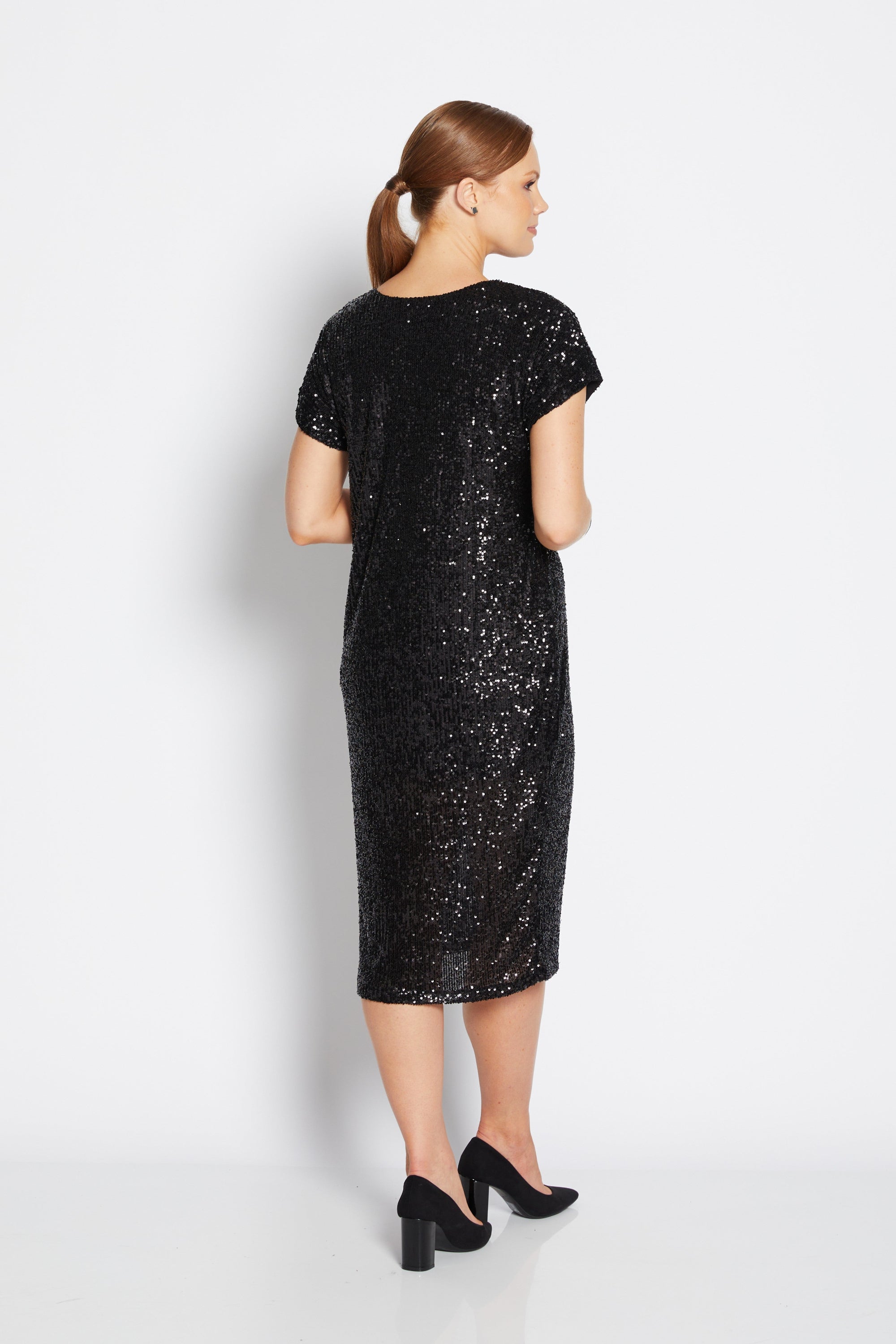 midi dress black sparkle worn by model back view