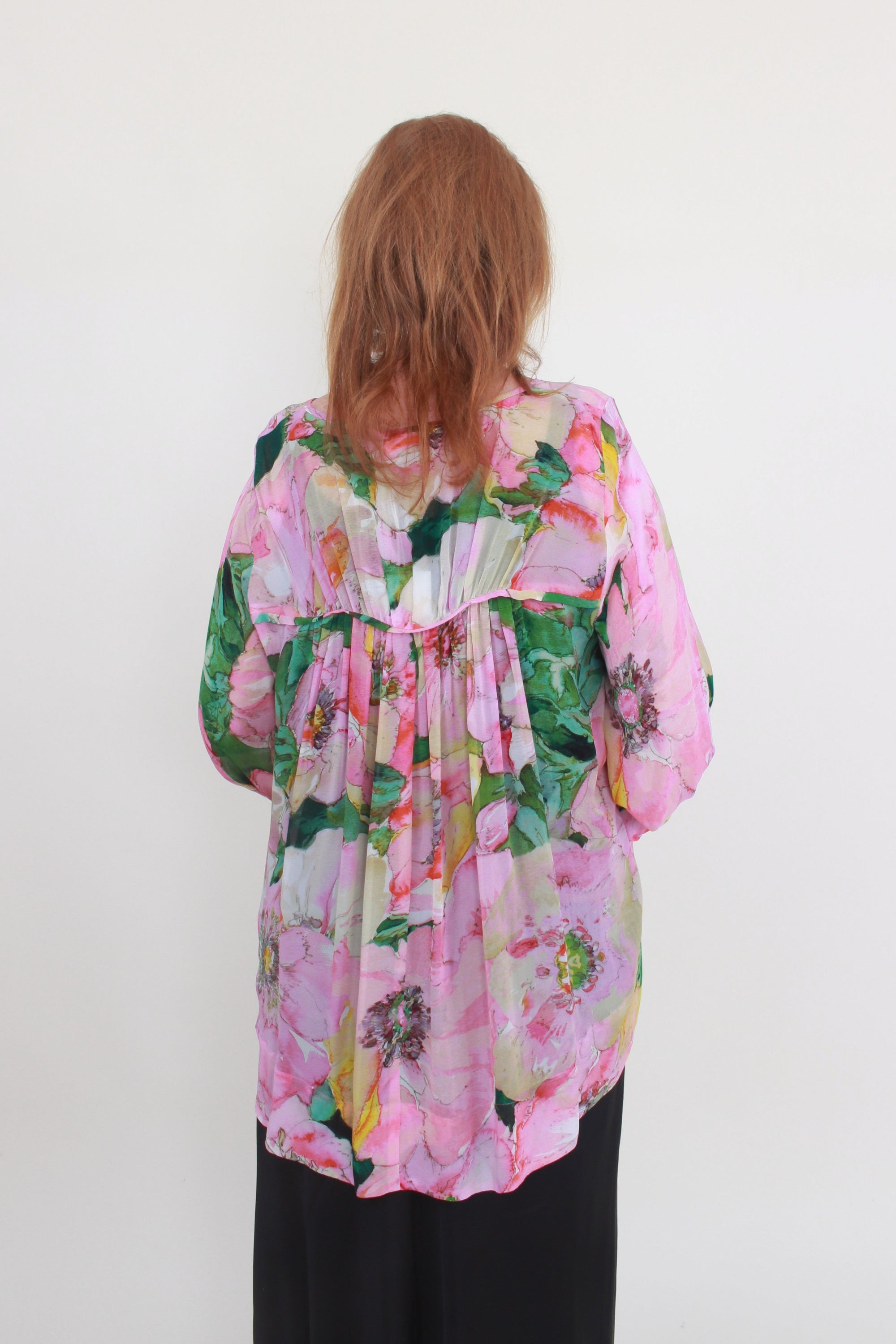 womens pink green floral long sleeve back view