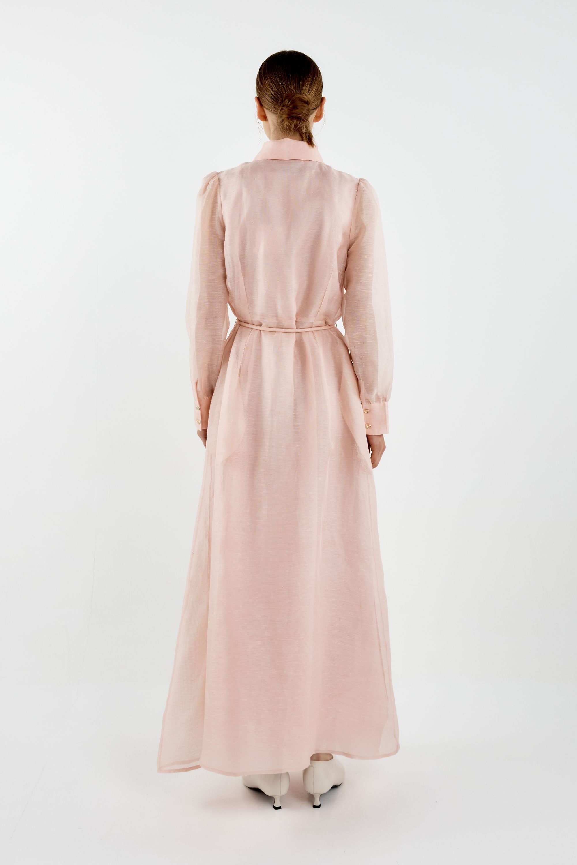 Person wearing a long light pink dress on a white background back view