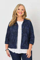 lightweight jacket shirt with cornelli embroidery navy worn by model 