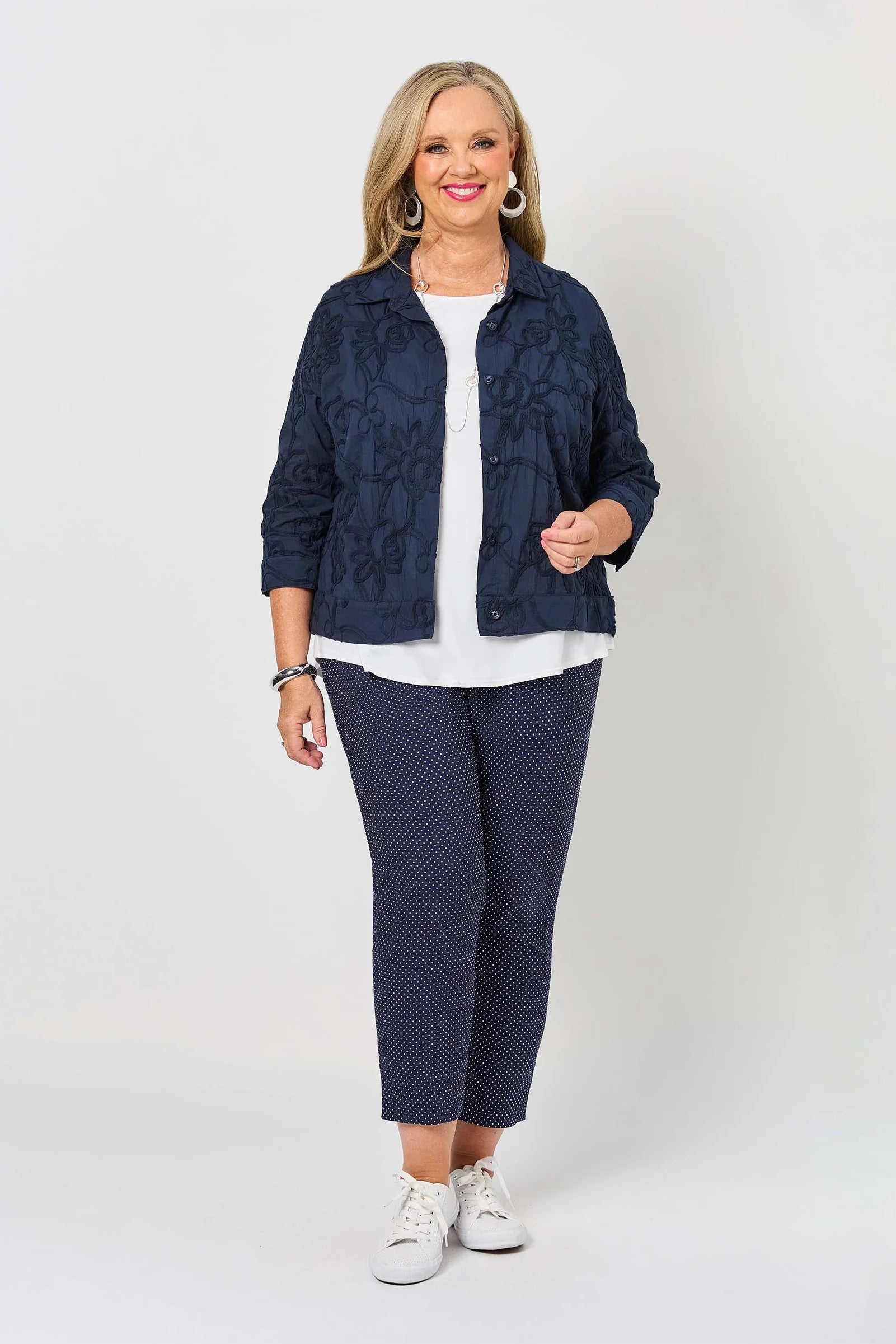 lightweight jacket shirt with cornelli embroidery navy worn by model 