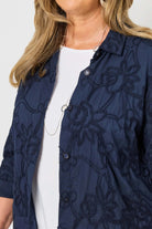 lightweight jacket shirt with cornelli embroidery navy worn by model close up