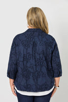 lightweight jacket shirt with cornelli embroidery navy worn by model back view