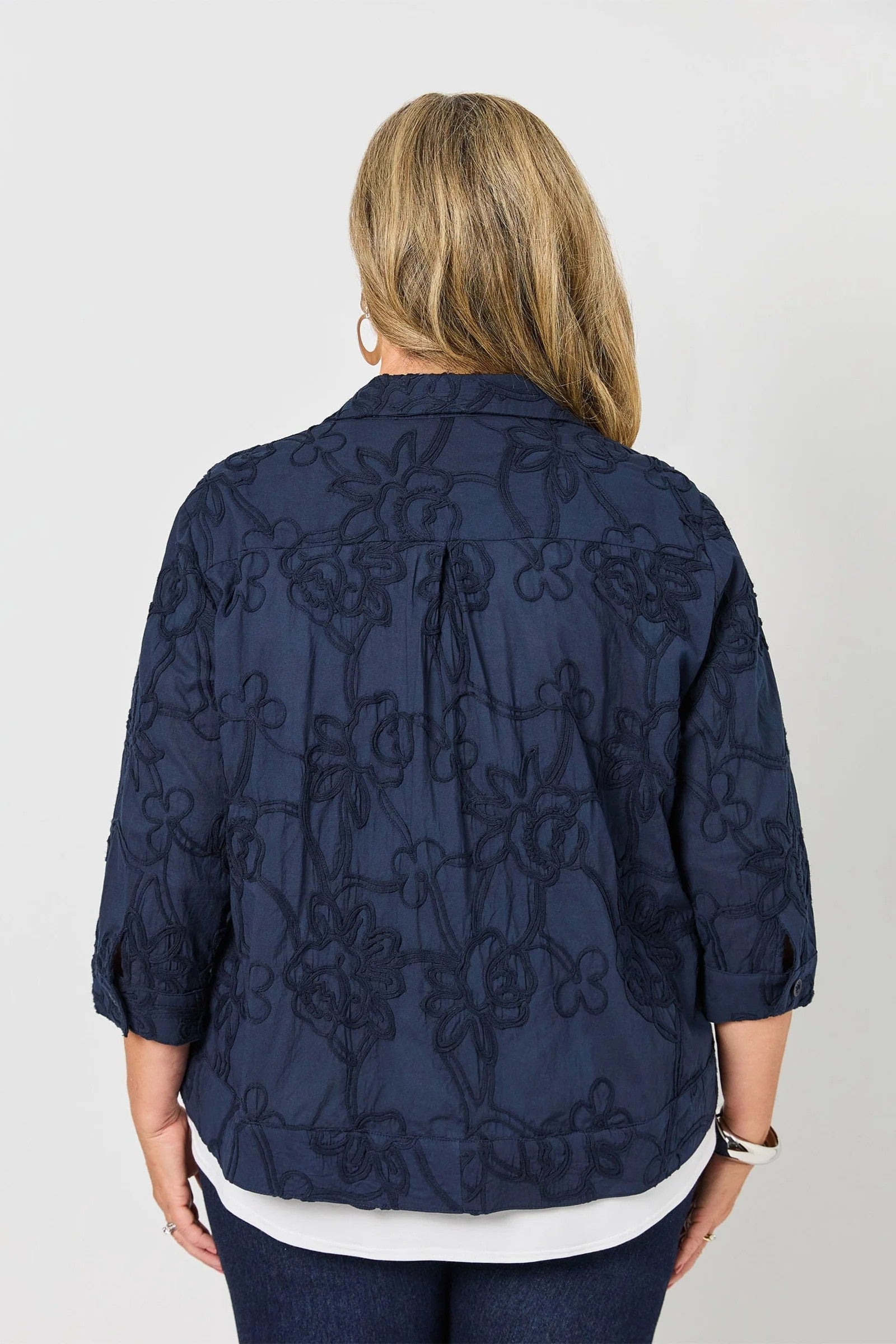 lightweight jacket shirt with cornelli embroidery navy worn by model back view
