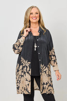 womens longline black with taupe floral shirt worn by model