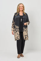 womens longline black with taupe floral shirt worn by model