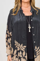 womens longline black with taupe floral shirt worn by model detail