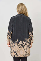 womens longline black with taupe floral shirt worn by model