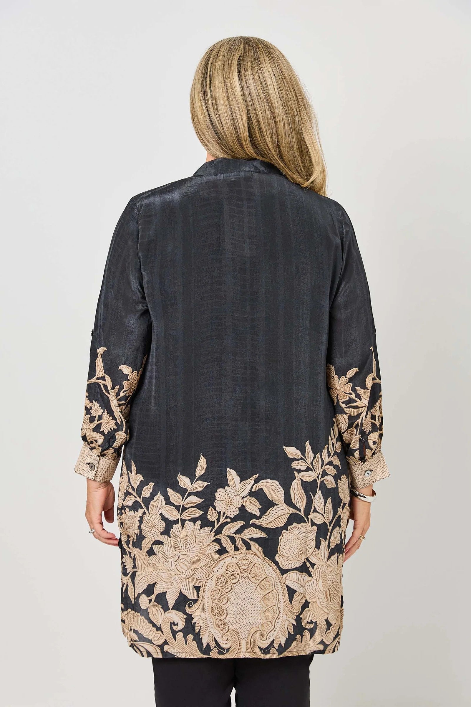 womens longline black with taupe floral shirt worn by model