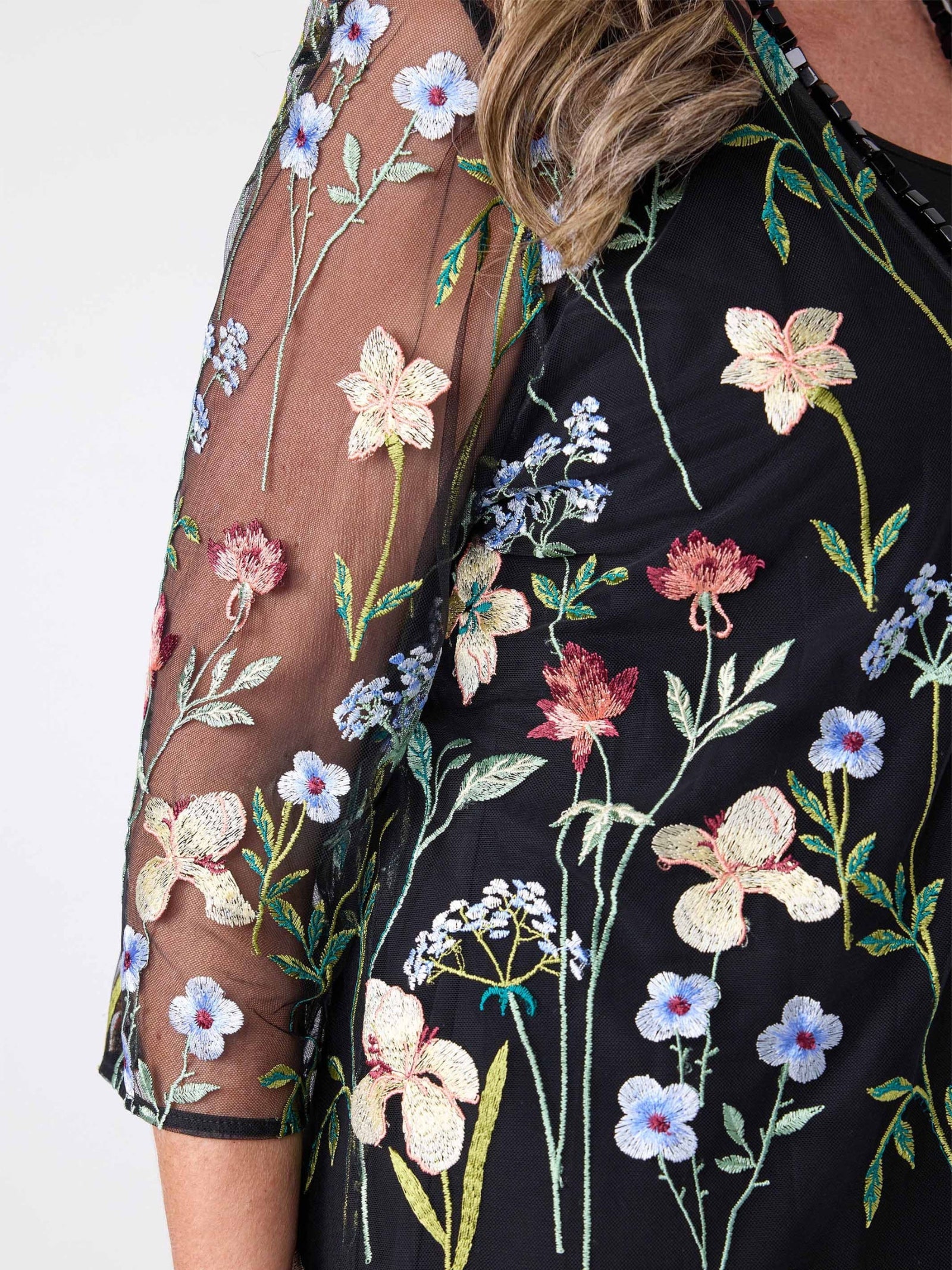 Close-up of a black embroidered sheer mesh top with multicolored floral patterns, featuring a model's arm and shoulder.