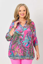 womens pink multi blouse paisley print worn by model