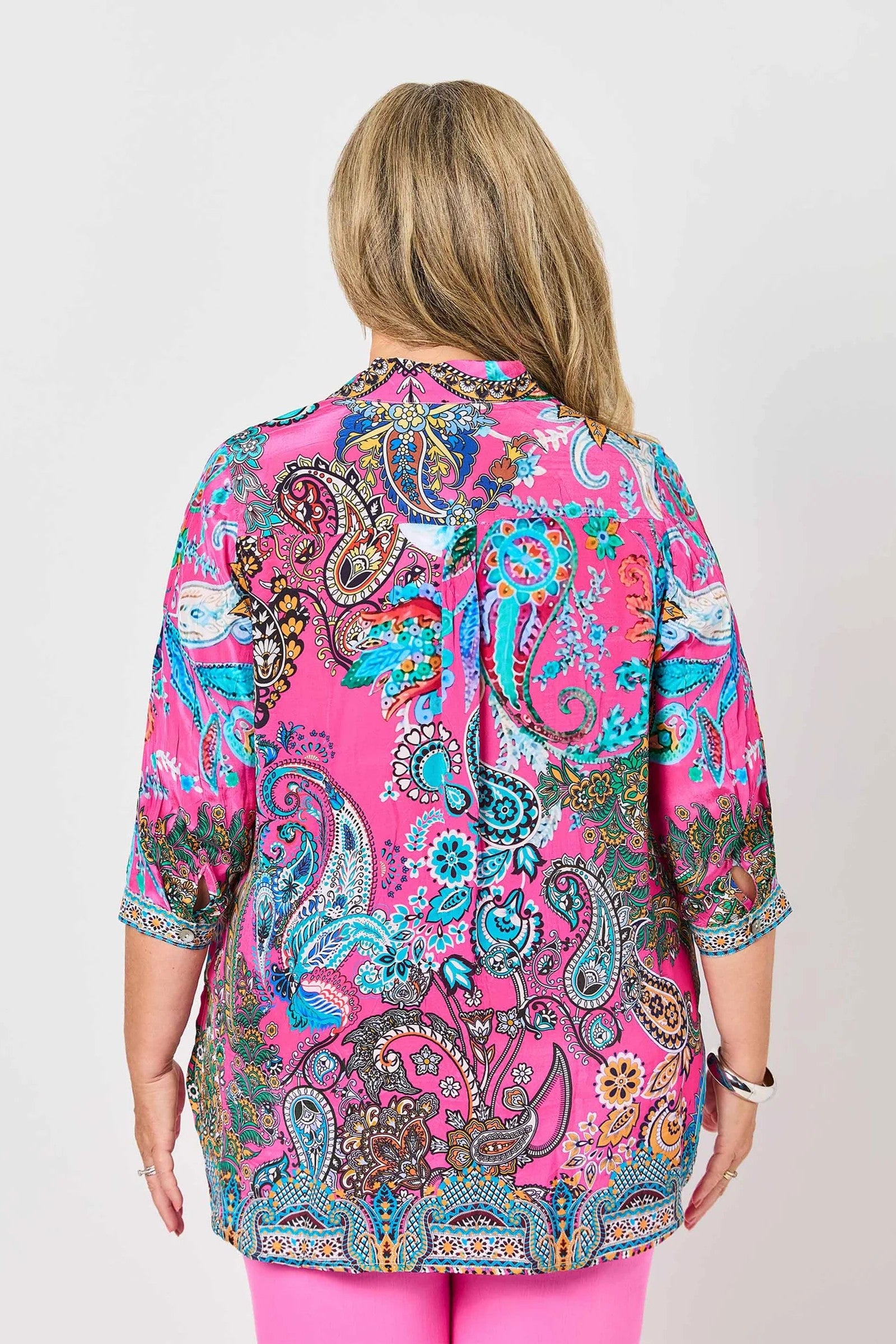 womens pink multi blouse paisley print worn by model back view