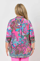 womens pink multi blouse paisley print worn by model back view