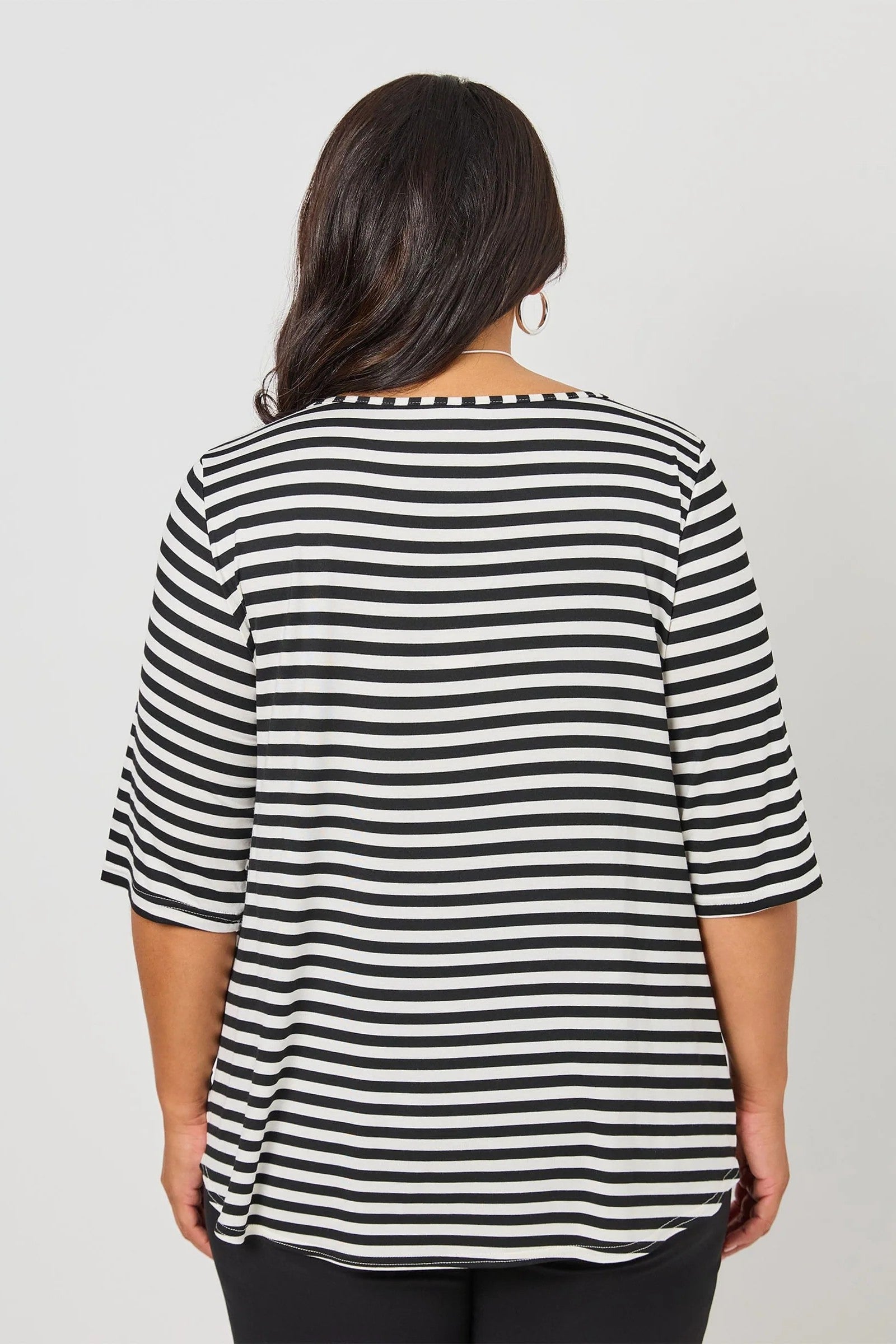 womens half sleeve black white stripe tee worn by model back view