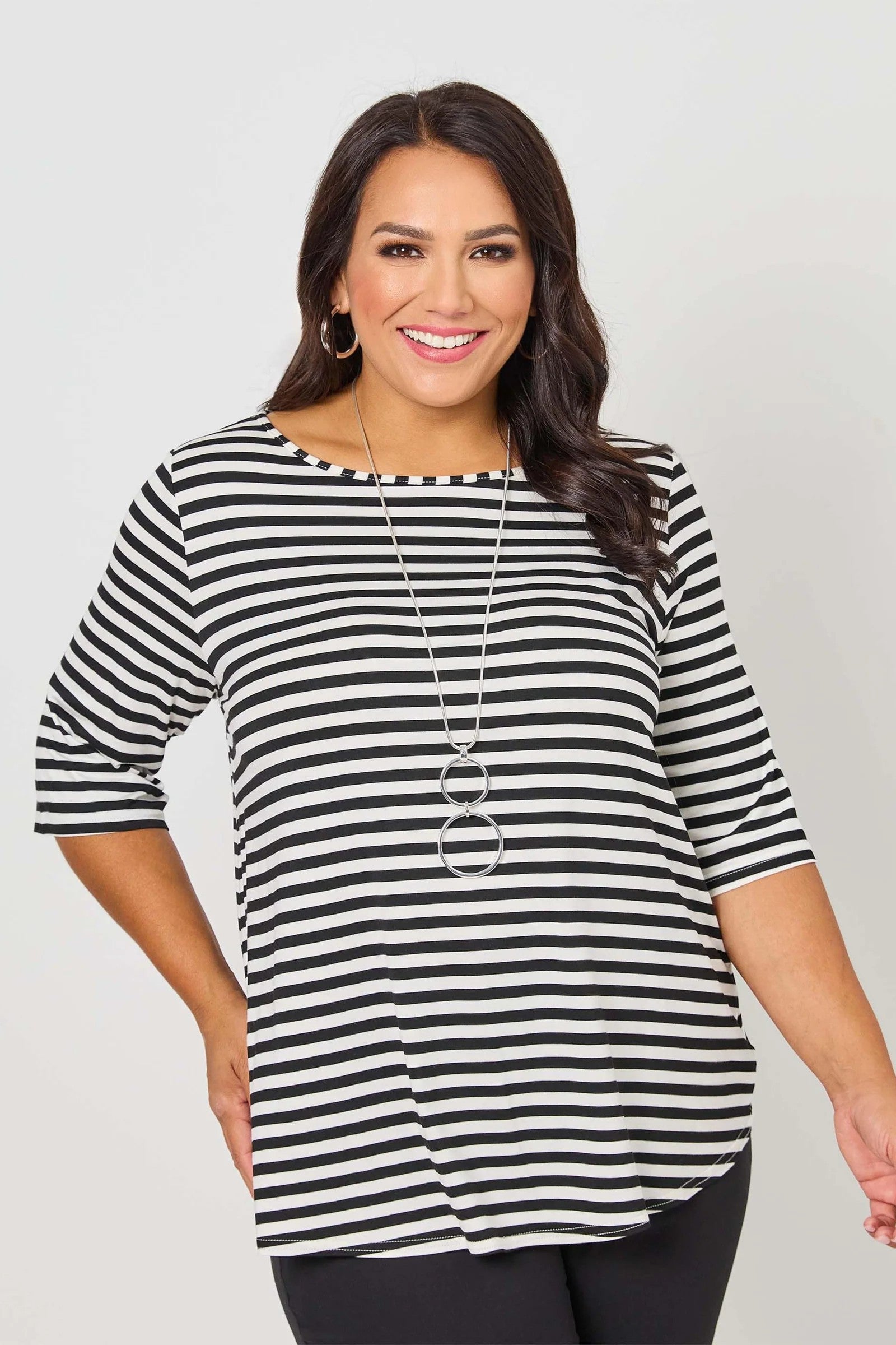 womens half sleeve black white stripe tee worn by model