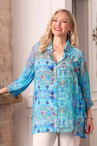 womens blue print long sleeve shirt worn by model