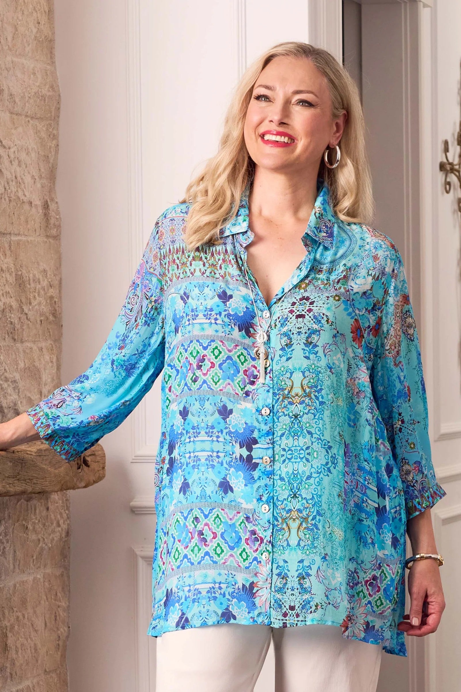 womens blue print long sleeve shirt worn by model