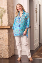 womens blue print long sleeve shirt worn by model