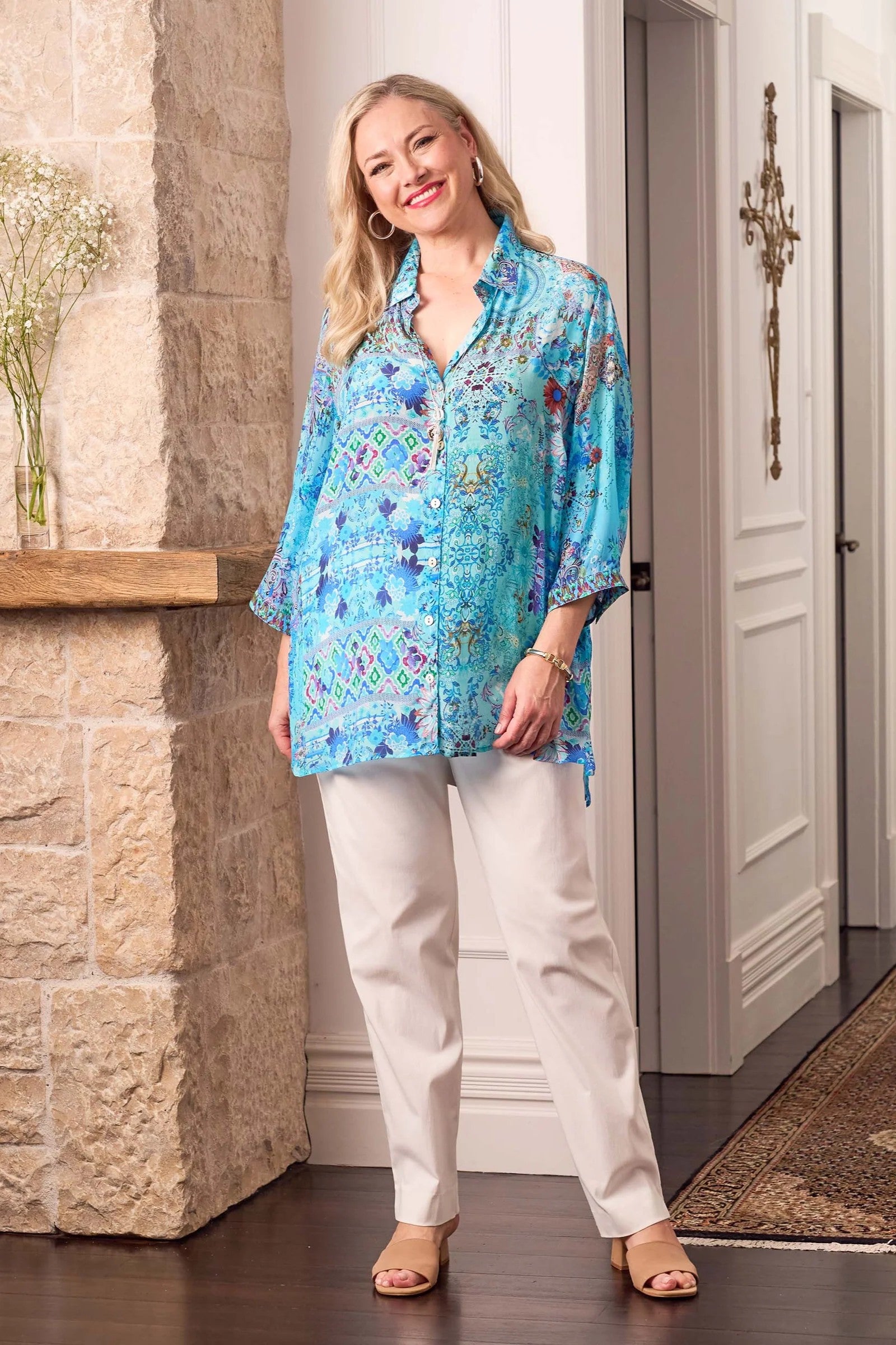 womens blue print long sleeve shirt worn by model